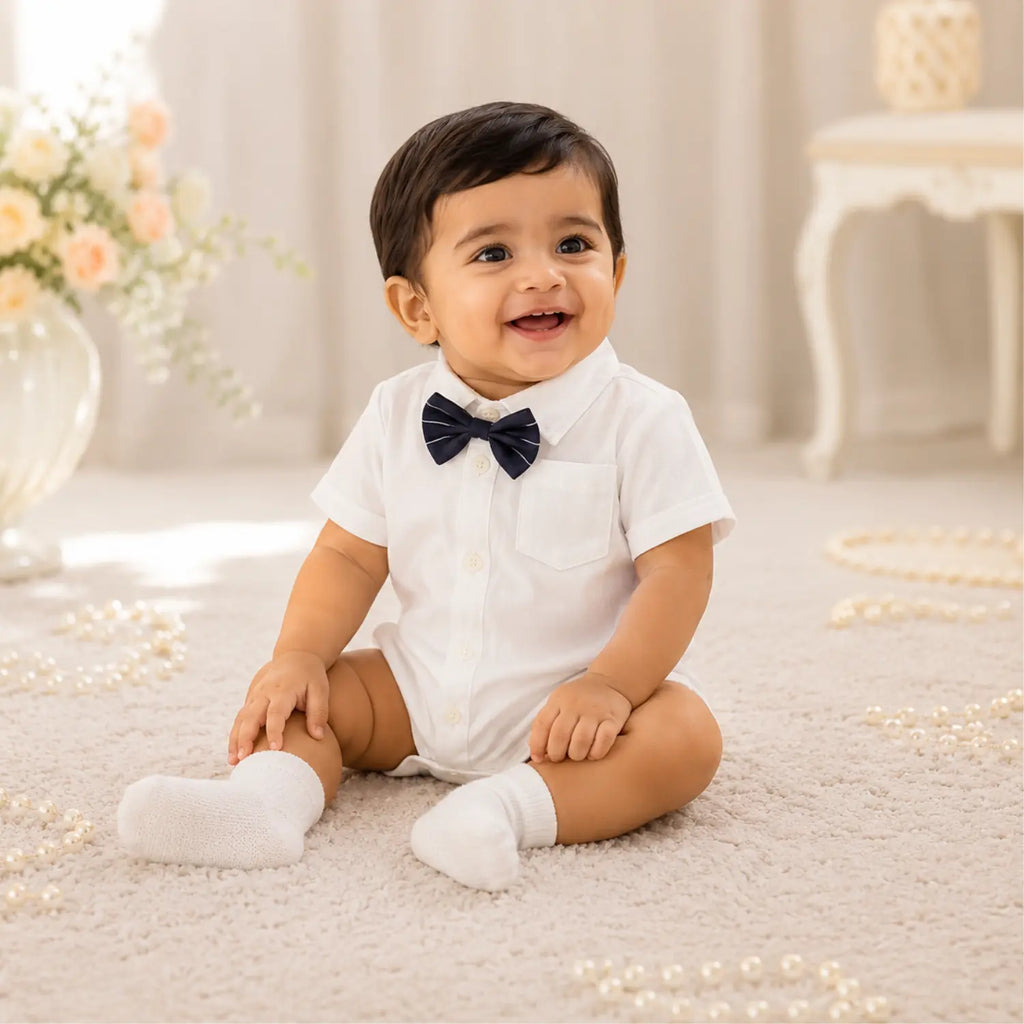 Elegant Baby Boy/Toddler White Shirt Romper with Navy Bow Tie | Minilova