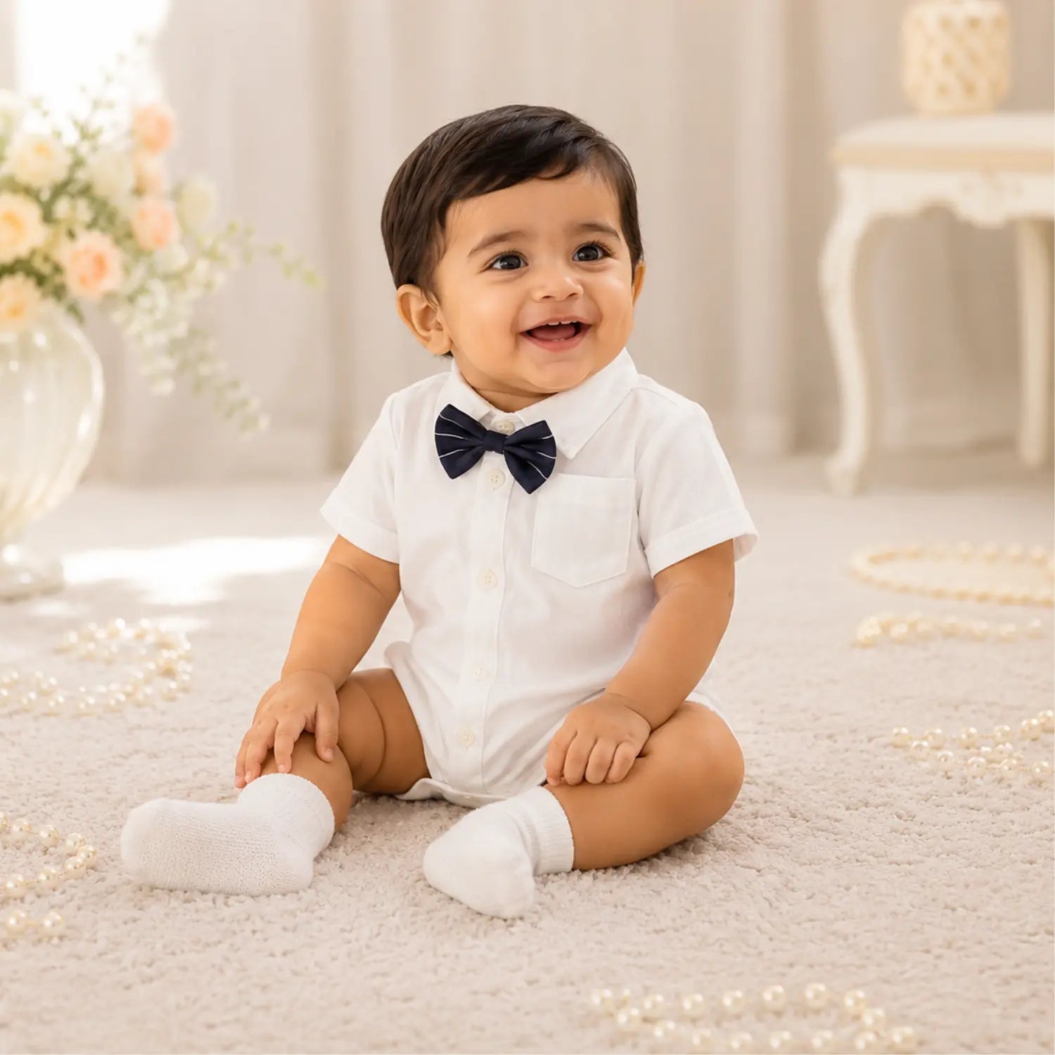 Elegant Baby Boy/Toddler White Shirt Romper with Navy Bow Tie | Minilova