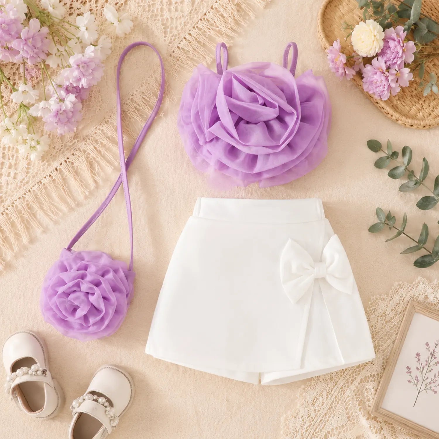 Flower Bloom Girls Top & Skirt Set with Sling Bag | Minilova