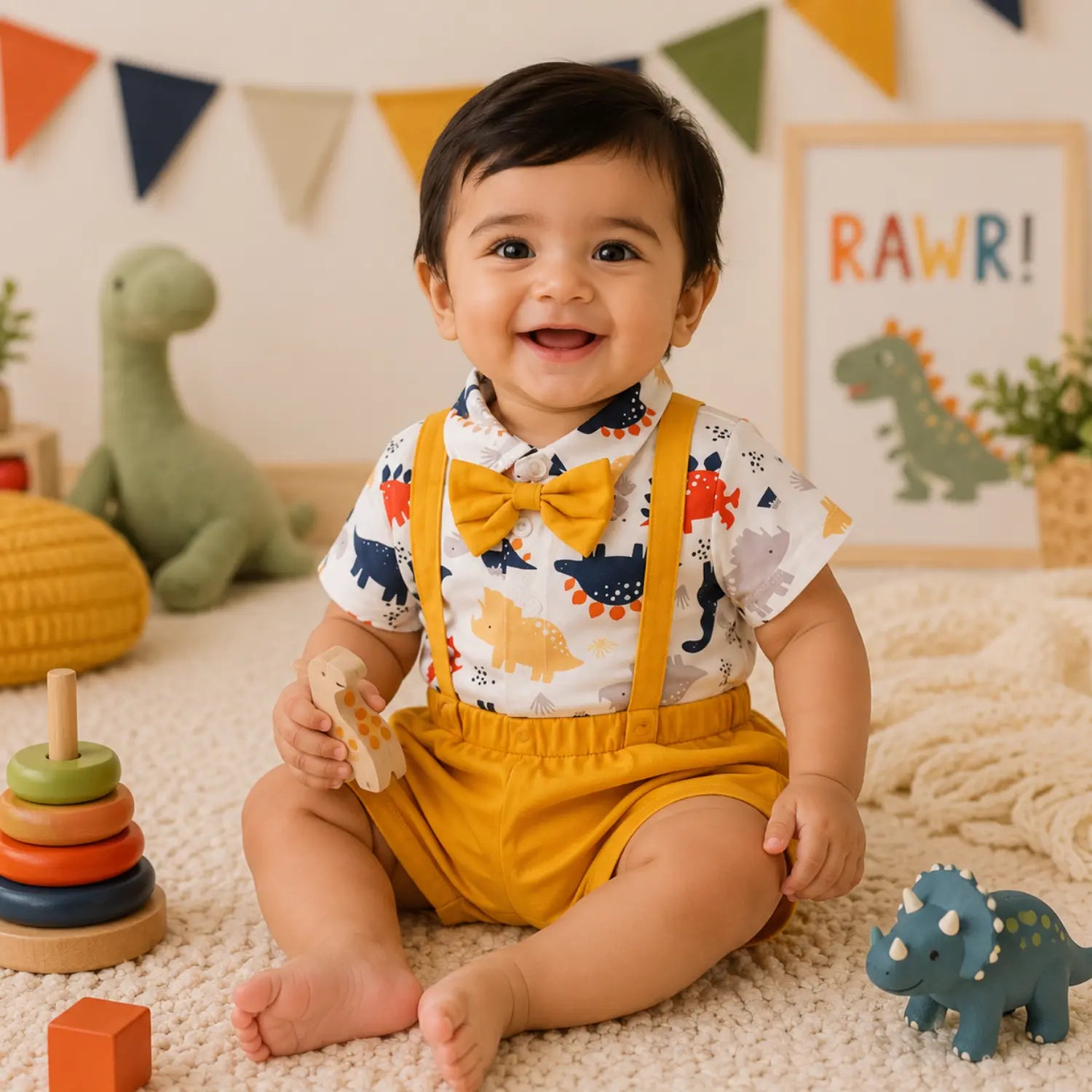 Dino Adventure Baby Boy Dinosaur Strap Shorts Set | Minilova