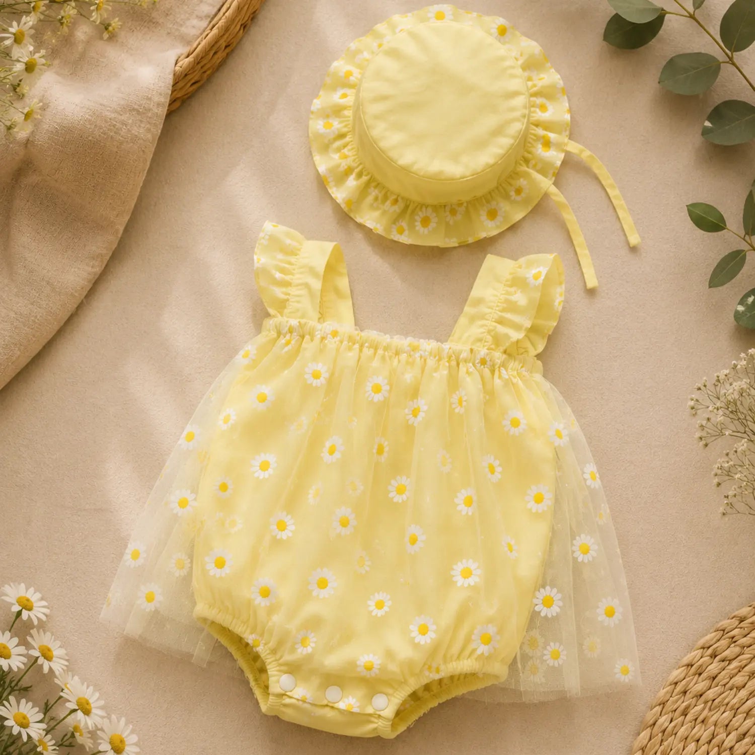 Sunny Daisy Baby Girl Romper Dress with Hat | Minilova