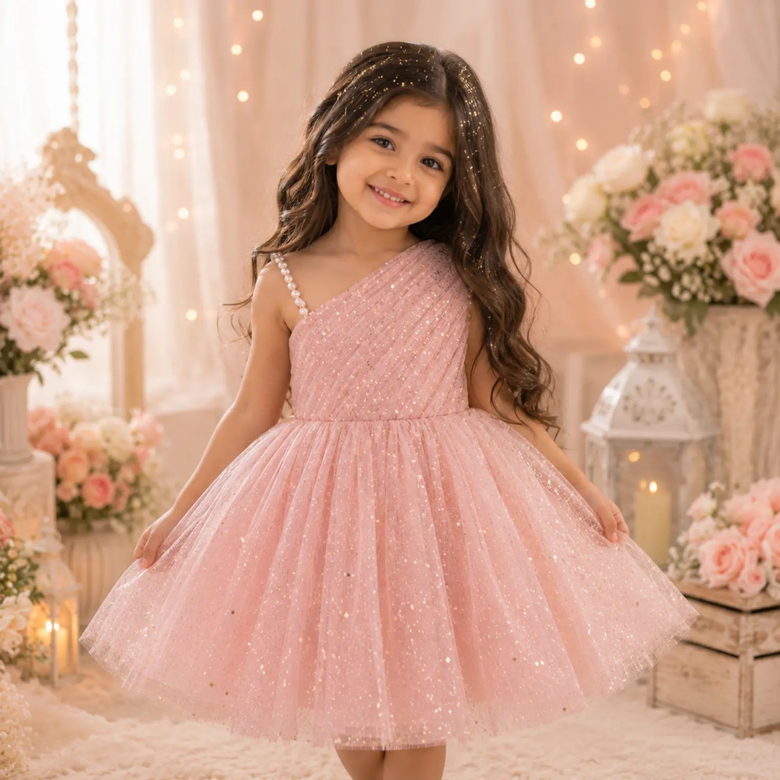 Blush Stardust One-Shoulder Party Dress for Girls | Minilova