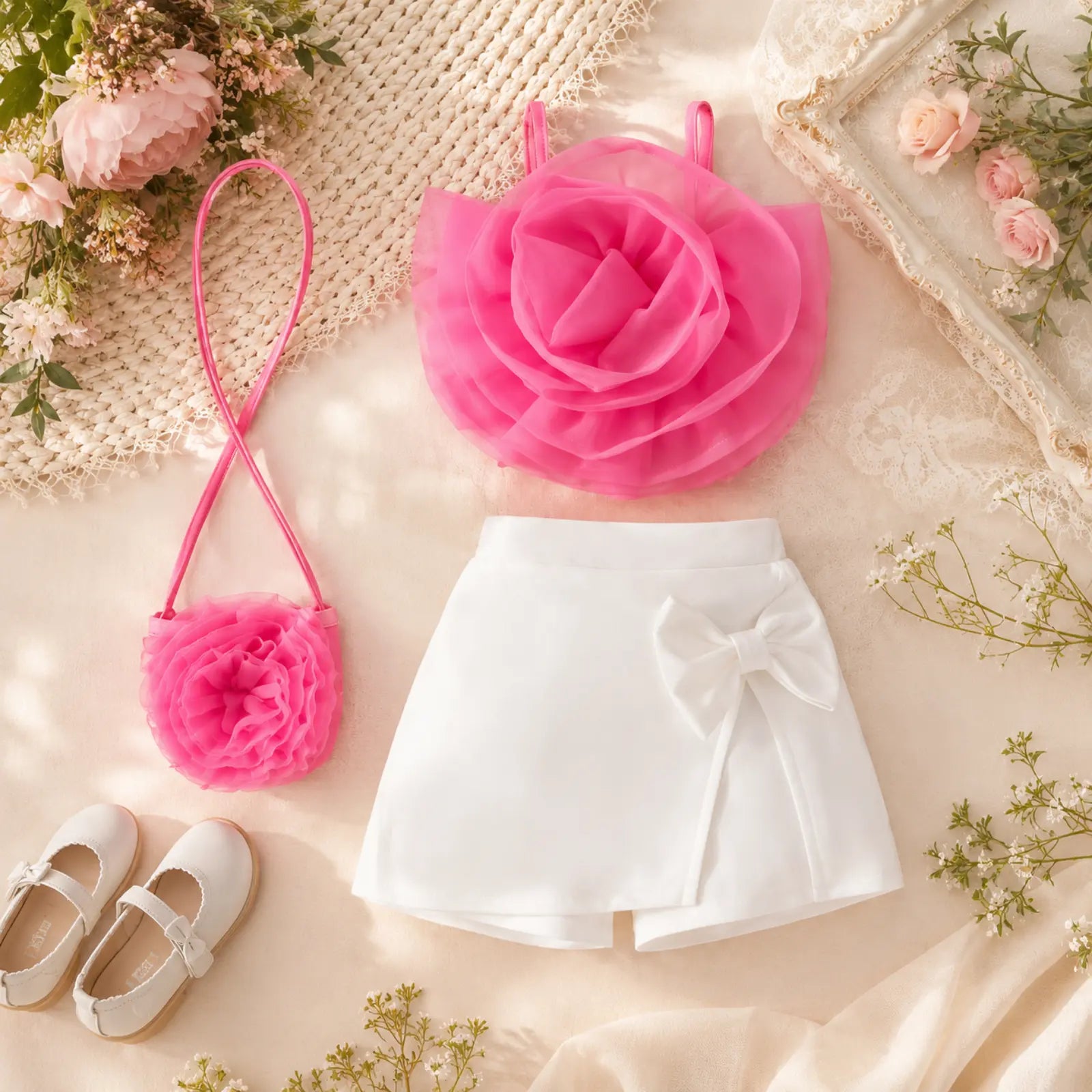 Flower Bloom Girls Top & Skirt Set with Sling Bag | Minilova