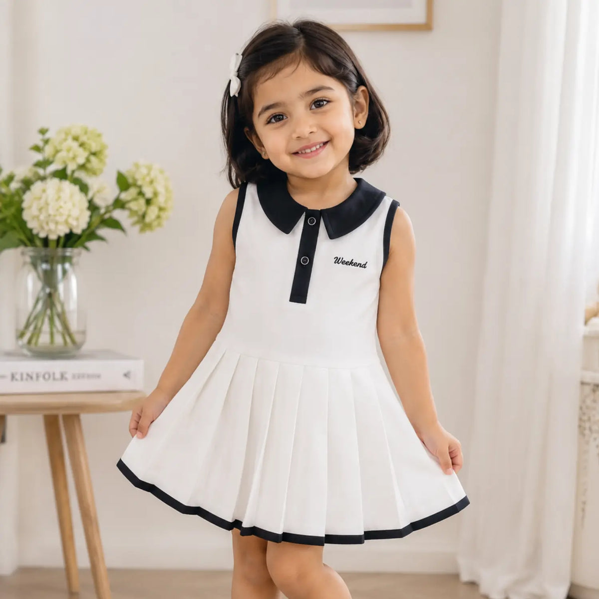 Classic Collar Pleat Dress for Girls – Black & White Pleated Dress