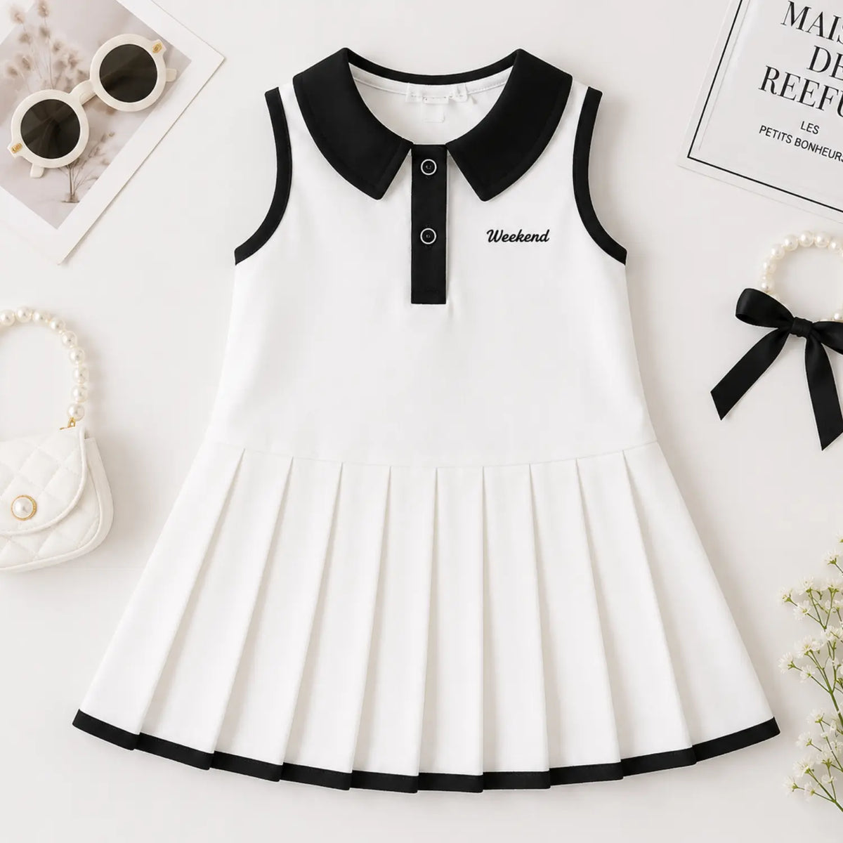 Classic Collar Pleat Dress for Girls – Black & White Pleated Dress