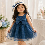 Starry Night Blue Bow Dress for Baby Girls – Stylish Party Wear Dress