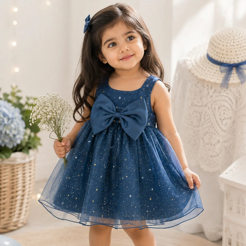 Starry Night Blue Bow Dress for Baby Girls – Stylish Party Wear Dress