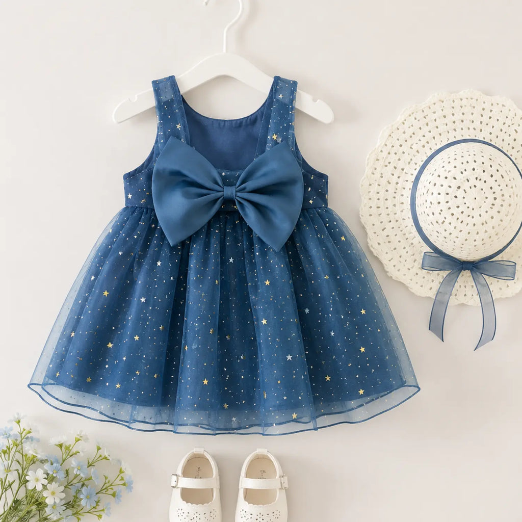 Starry Night Blue Bow Dress for Baby Girls – Stylish Party Wear Dress