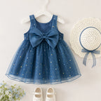 Starry Night Blue Bow Dress for Baby Girls – Stylish Party Wear Dress