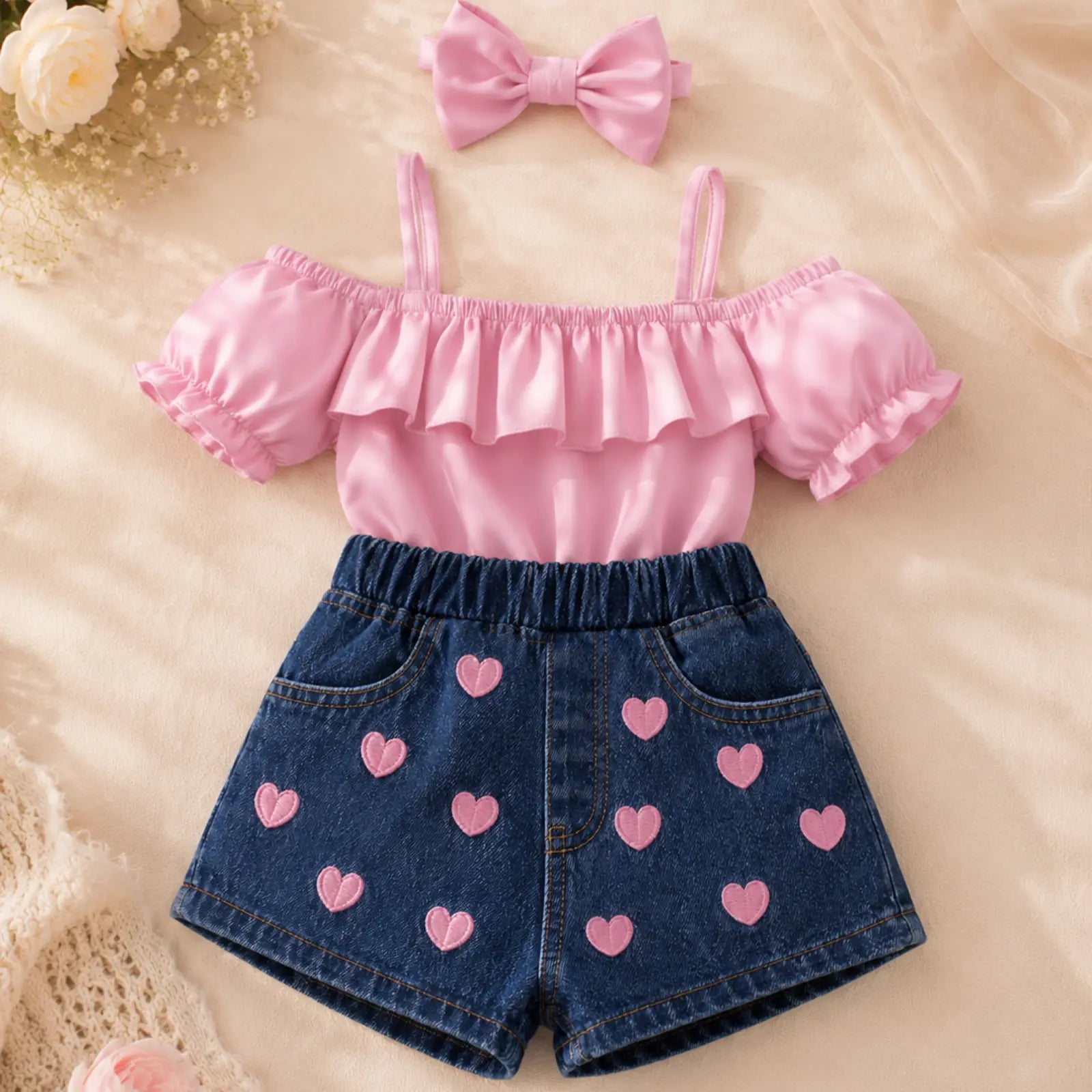 Rosie Hearts Denim Co-ord Set for Girls | Minilova
