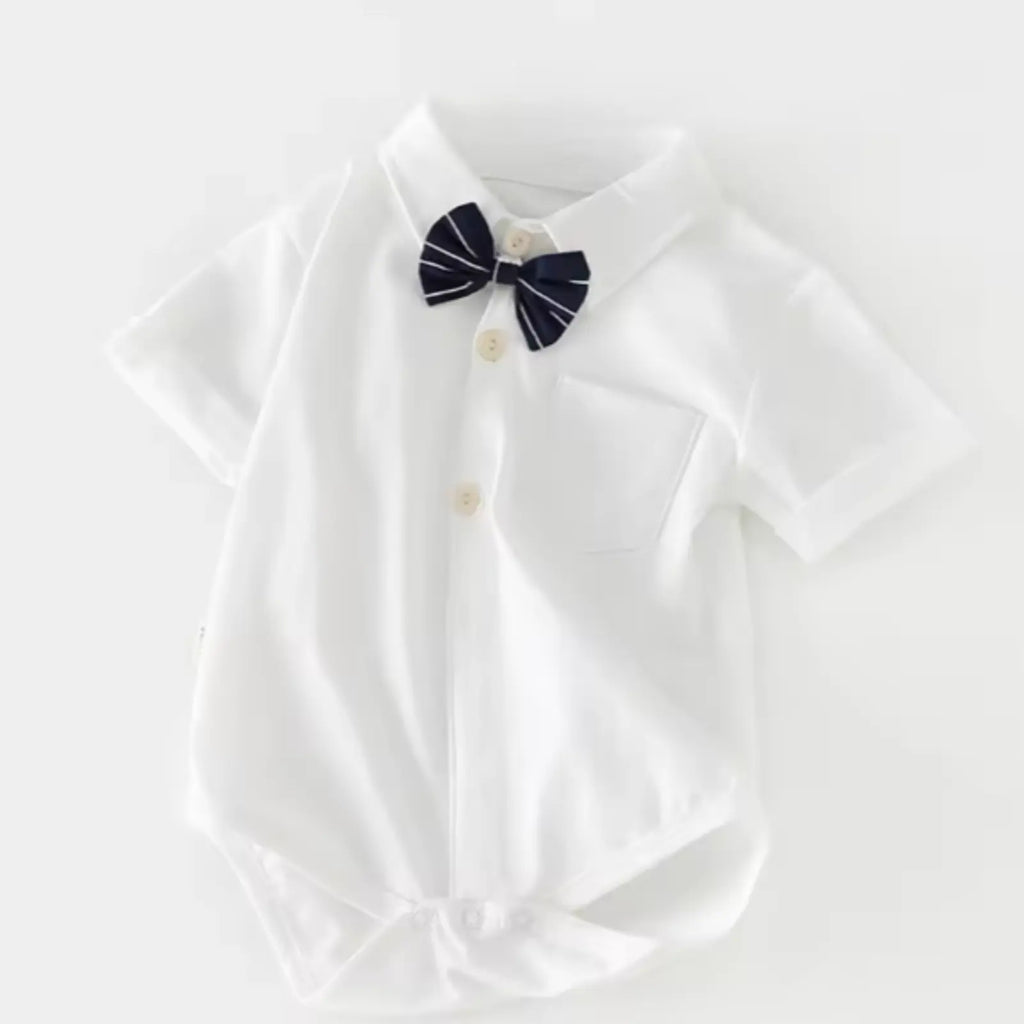 Elegant Baby Boy/Toddler White Shirt Romper with Navy Bow Tie | Minilova