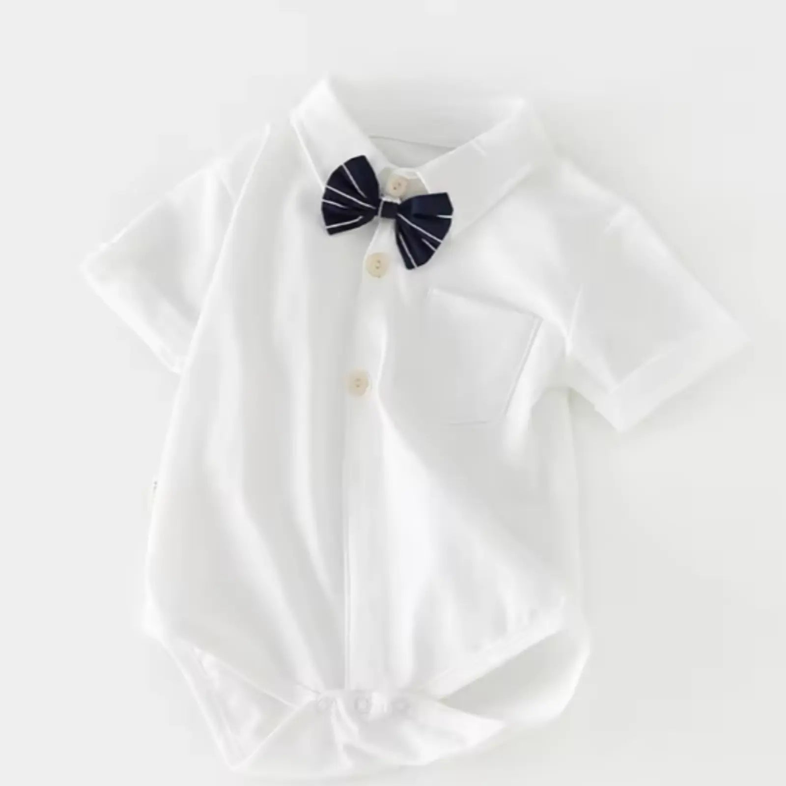 Elegant Baby Boy/Toddler White Shirt Romper with Navy Bow Tie | Minilova