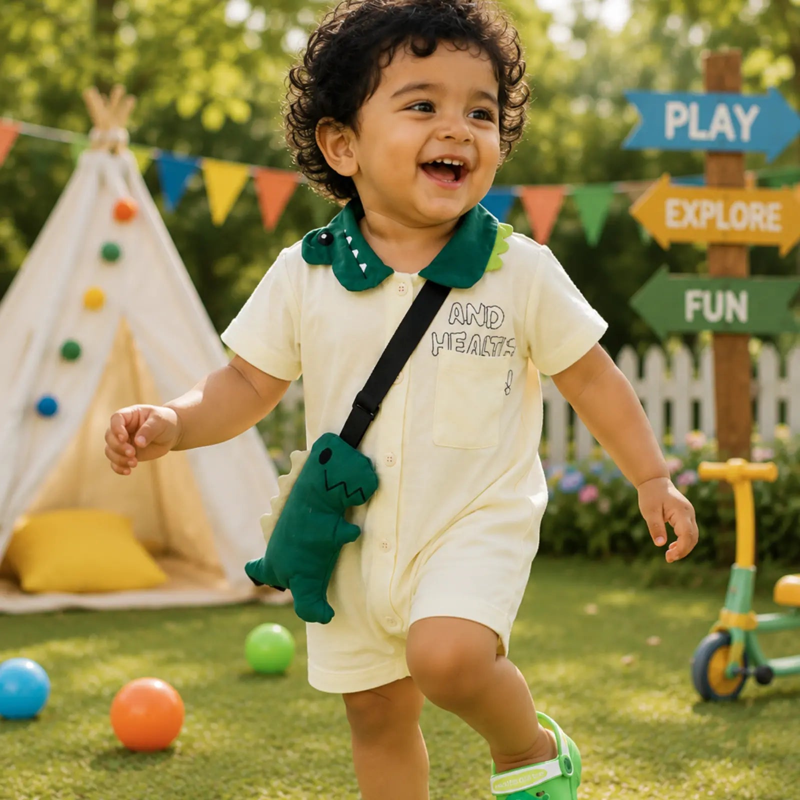Dino Buddy Baby Boy Romper Set with Sling Bag | Minilova
