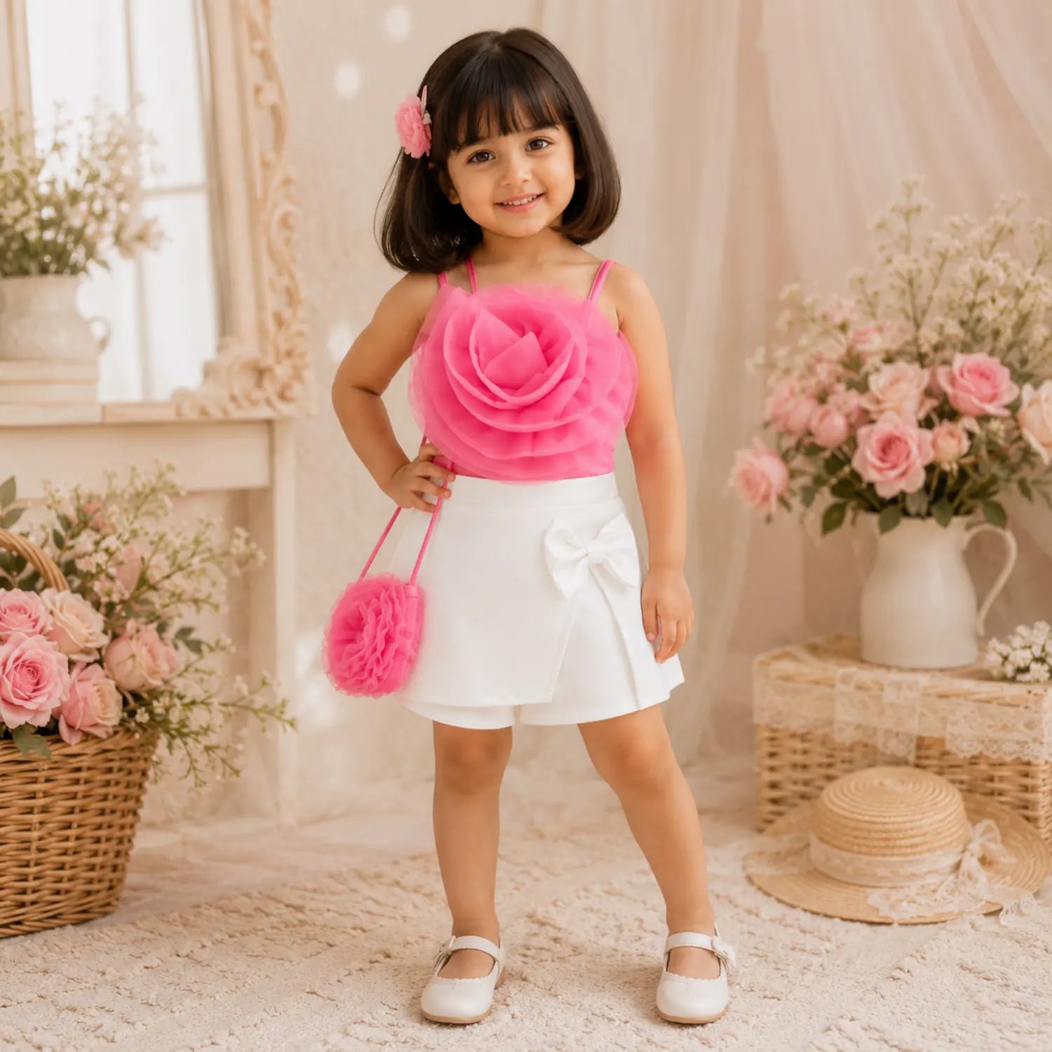 Flower Bloom Girls Top & Skirt Set with Sling Bag | Minilova