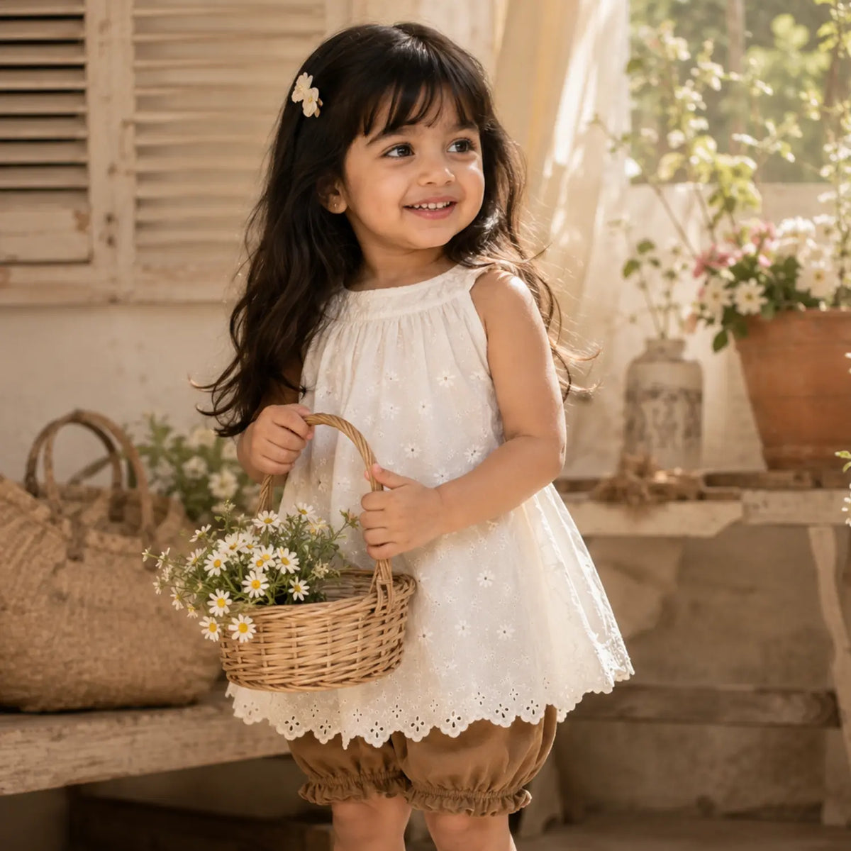 Ivory & Mocha Boho Set for Baby Girls | Two Piece Top & Bloomers