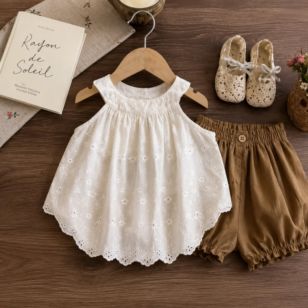 Ivory & Mocha Boho Set for Baby Girls | Two Piece Top & Bloomers