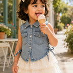 Vintage Denim Lace Co-ord Set for Girls | Denim Top & Skirt