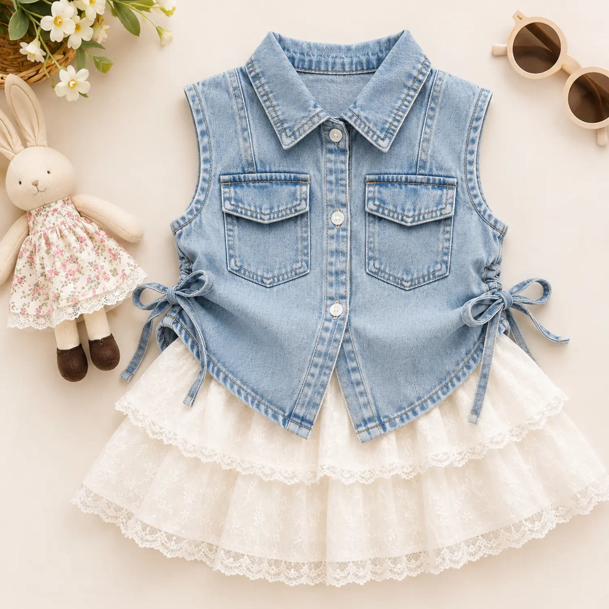 Vintage Denim Lace Co-ord Set for Girls | Denim Top & Skirt