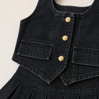 Little Fashionista Denim Set for Girls | Denim Vest & Pleated Skirt