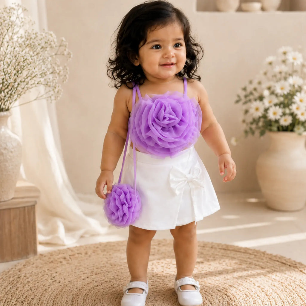 Flower Bloom Girls Top & Skirt Set with Sling Bag | Minilova