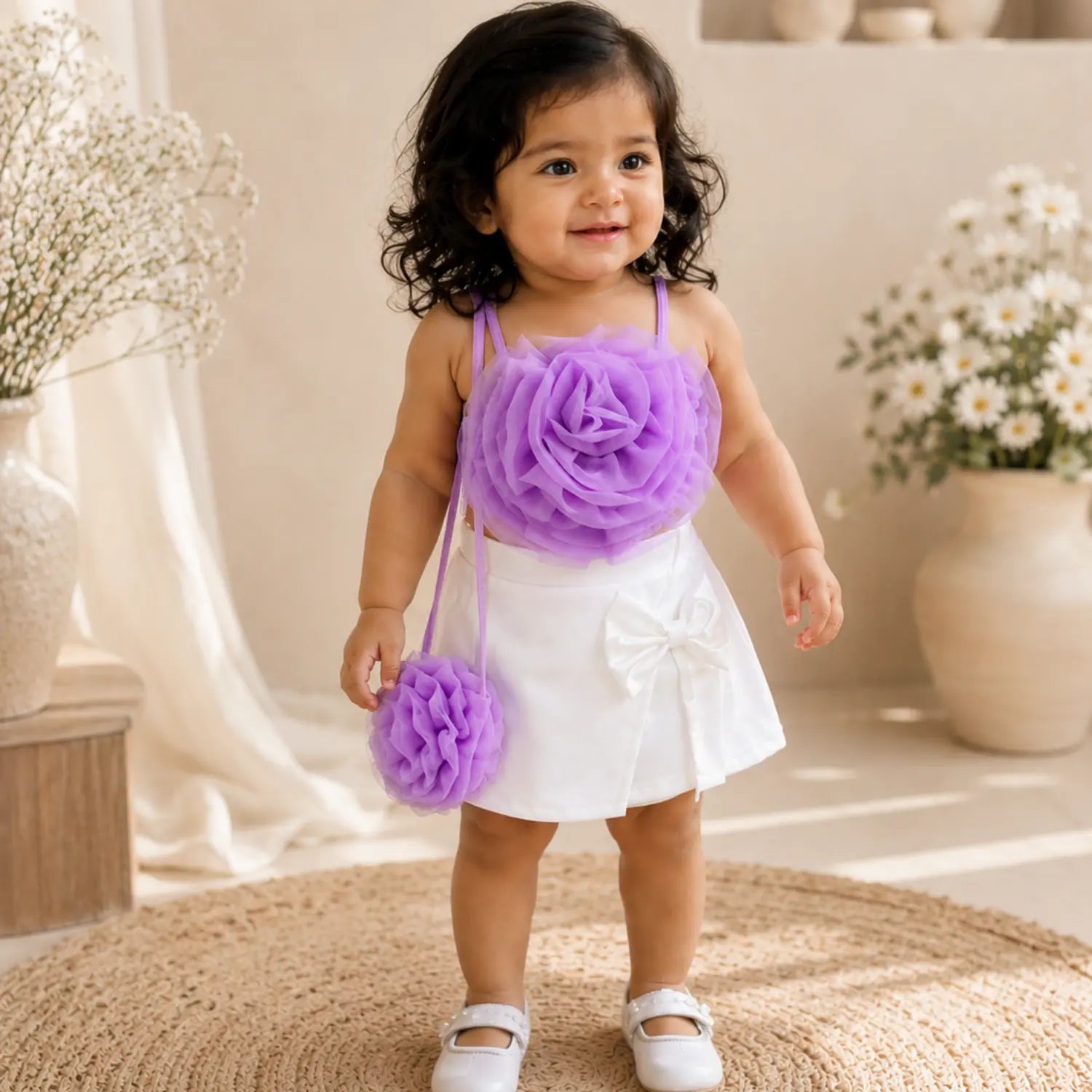 Flower Bloom Girls Top & Skirt Set with Sling Bag | Minilova