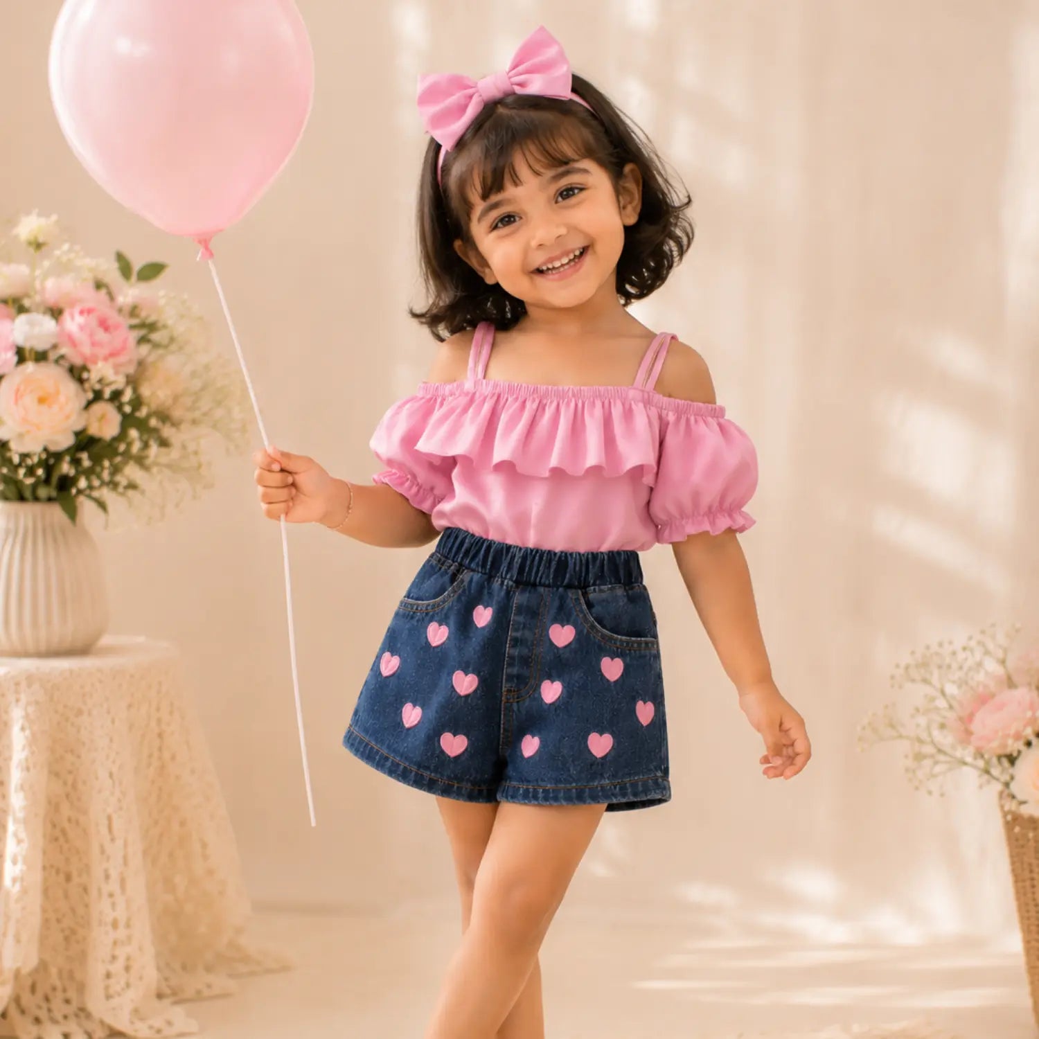 Rosie Hearts Denim Co-ord Set for Girls | Minilova