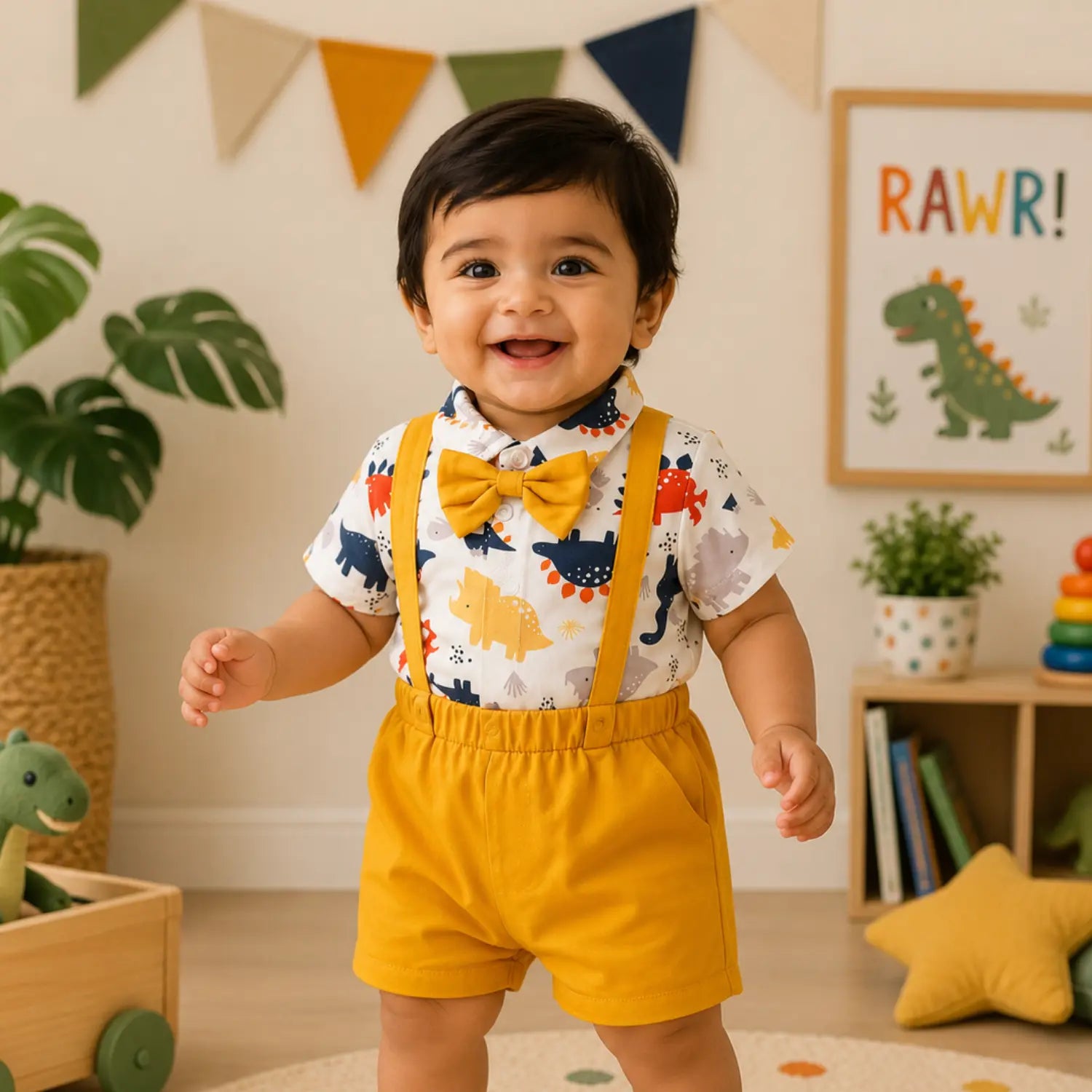 Dino Adventure Baby Boy Dinosaur Strap Shorts Set | Minilova