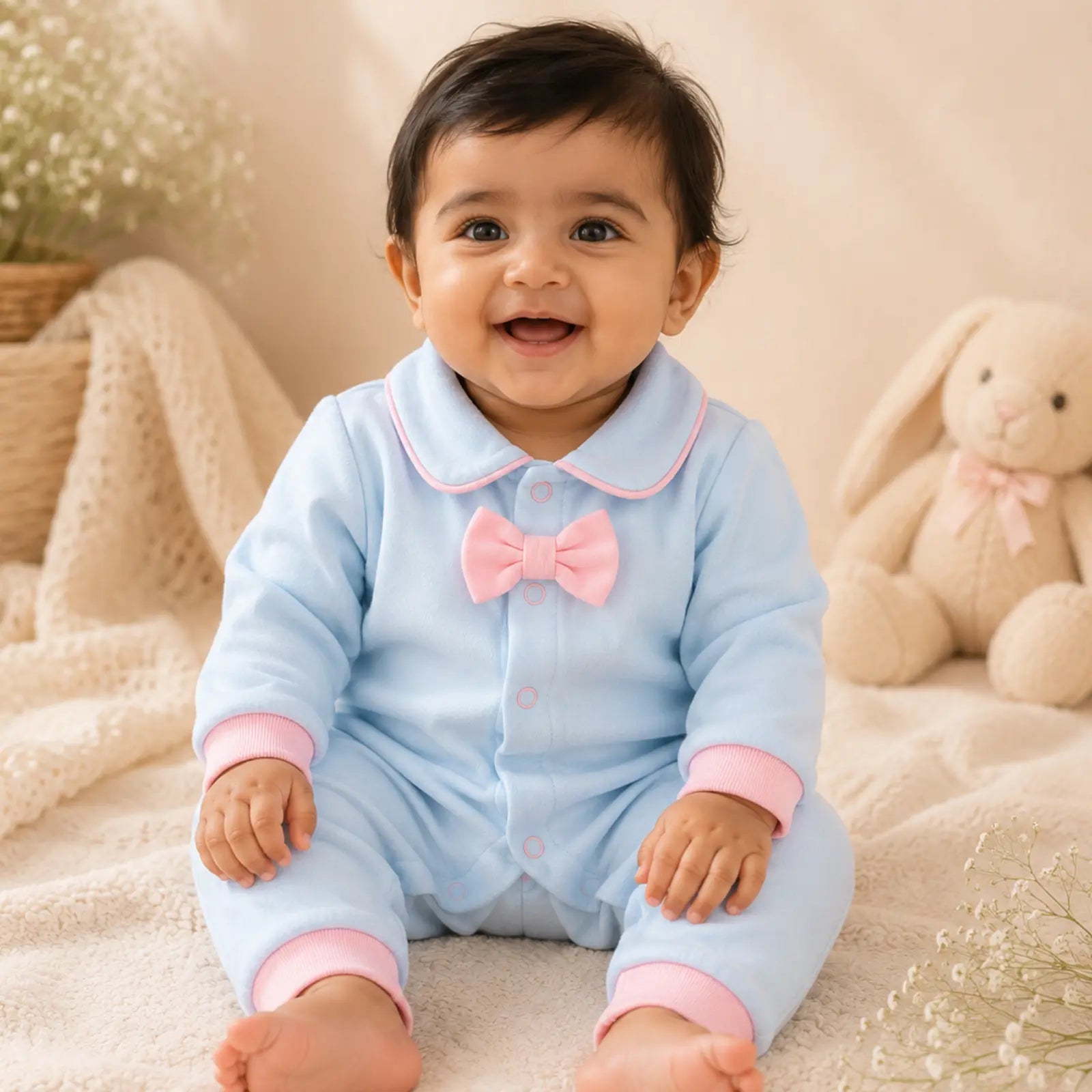 Sky Blue Bow Charm Baby Romper | Minilova