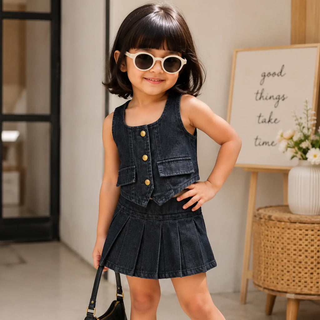 Little Fashionista Denim Set for Girls | Denim Vest & Pleated Skirt