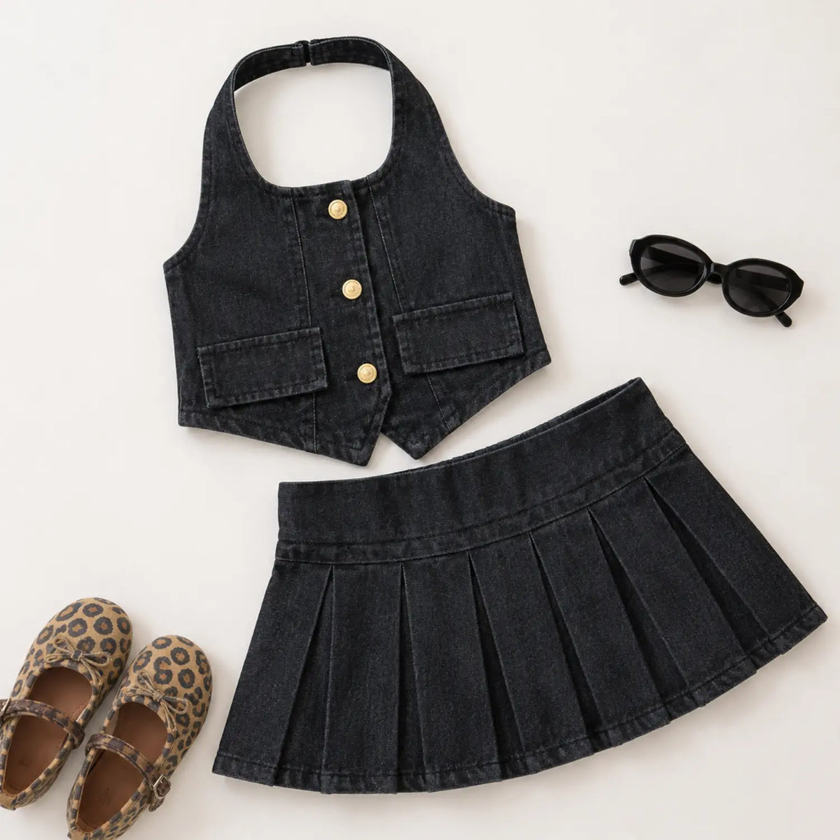 Little Fashionista Denim Set for Girls | Denim Vest & Pleated Skirt