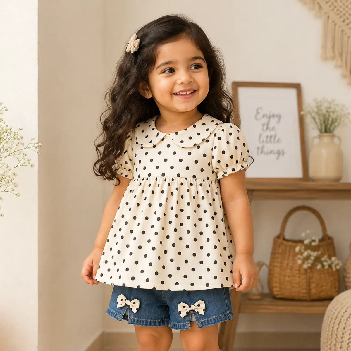 Polka Dot Denim Bow Outfit for Girls | Top & Denim Shorts