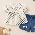 Polka Dot Denim Bow Outfit for Girls | Top & Denim Shorts