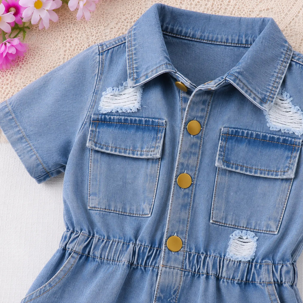 Denim Button-Up Romper for Girls | Light-Wash Denim Outfit