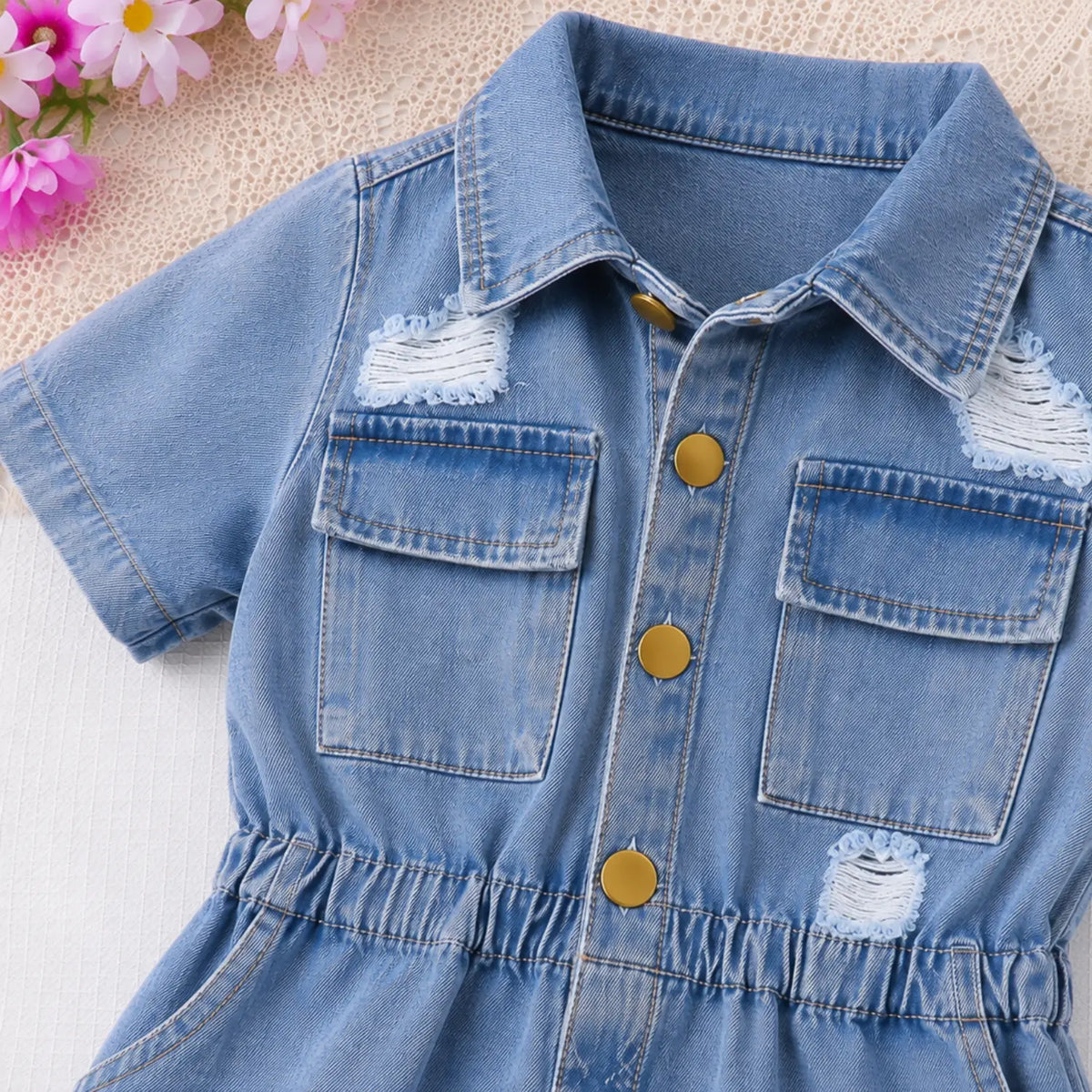 Denim Button-Up Romper for Girls | Light-Wash Denim Outfit