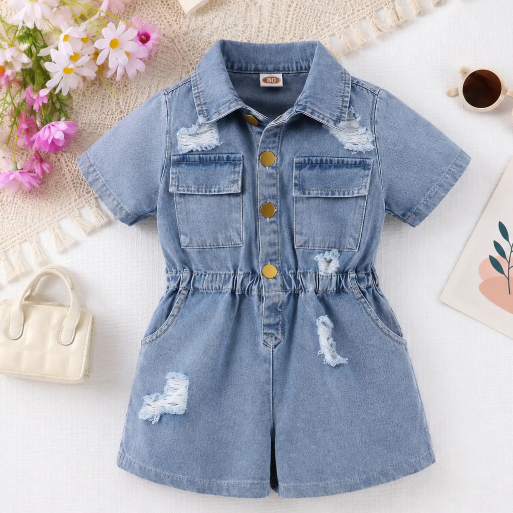 Denim Button-Up Romper for Girls | Light-Wash Denim Outfit