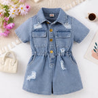 Denim Button-Up Romper for Girls | Light-Wash Denim Outfit