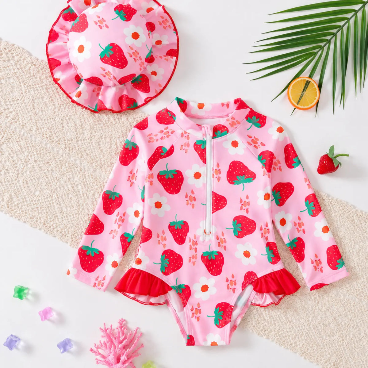 Strawberry Swim Set for Girls | Long-Sleeve Swimsuit & Sun Hat