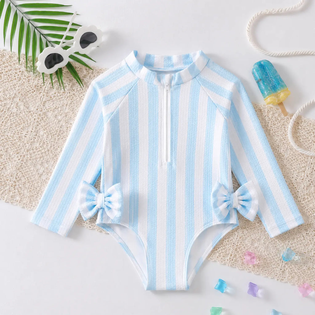 Seaside Stripes Swim Romper for Girls | Blue & White Swimsuit