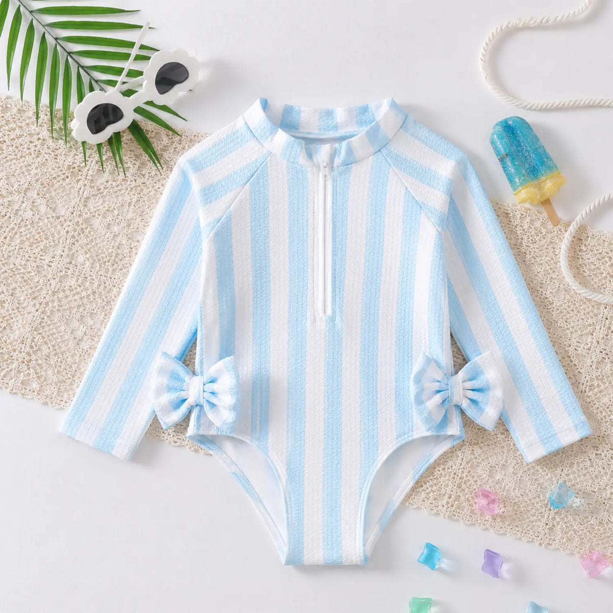 Seaside Stripes Swim Romper for Girls | Blue & White Swimsuit