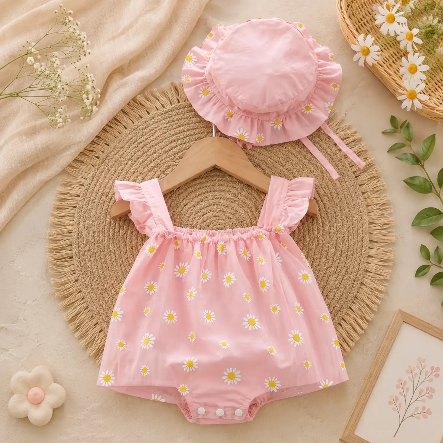 Sunny Daisy Baby Girl Romper Dress with Hat | Minilova