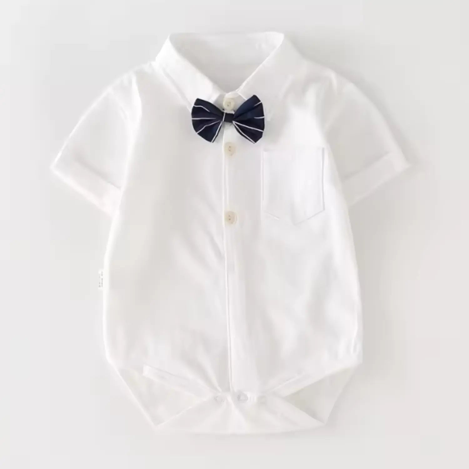Elegant Baby Boy/Toddler White Shirt Romper with Navy Bow Tie | Minilova