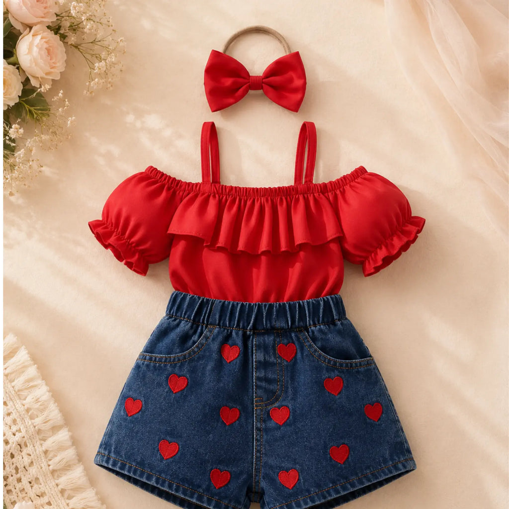 Rosie Hearts Denim Co-ord Set for Girls | Minilova