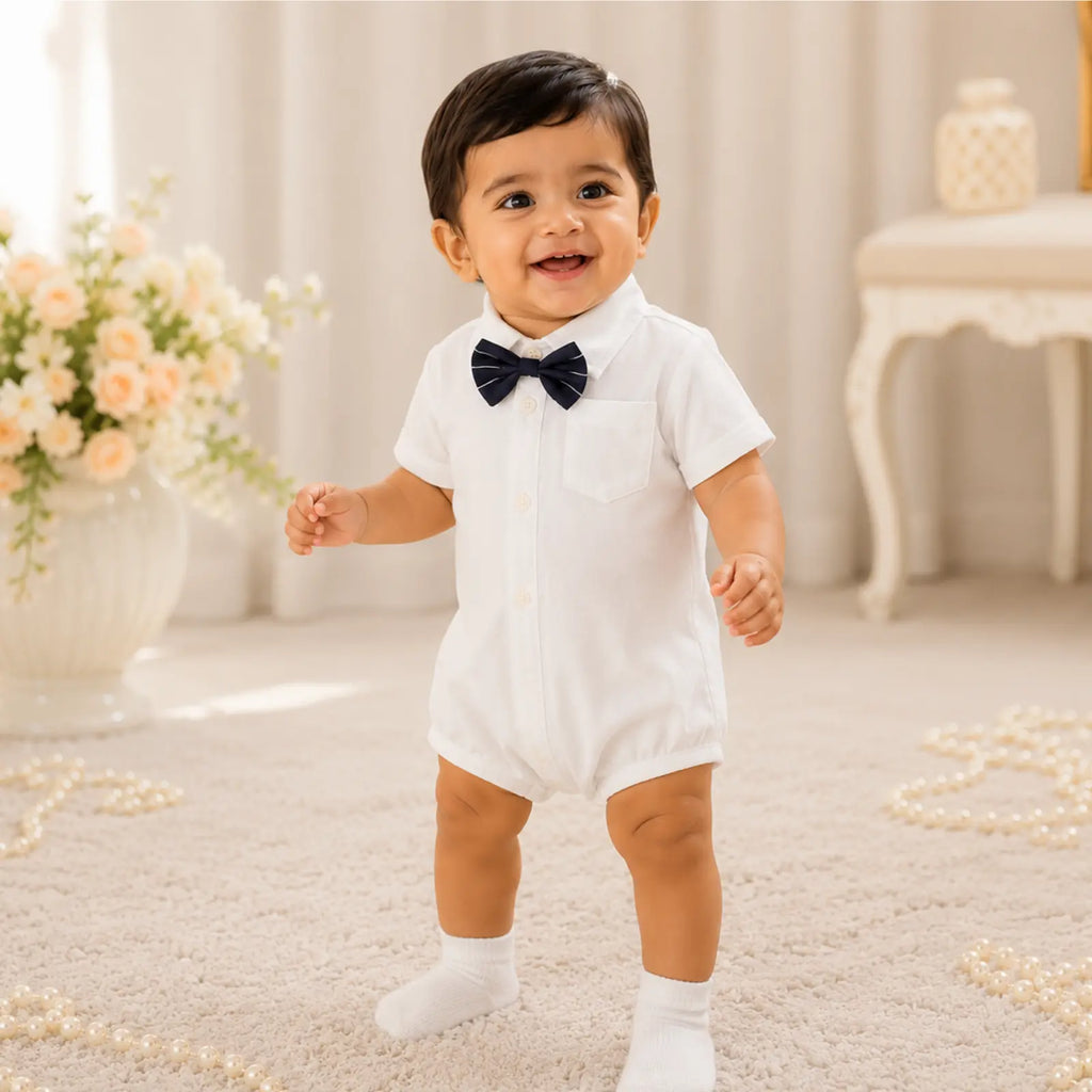 Elegant Baby Boy/Toddler White Shirt Romper with Navy Bow Tie | Minilova