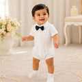 Elegant Baby Boy/Toddler White Shirt Romper with Navy Bow Tie | Minilova