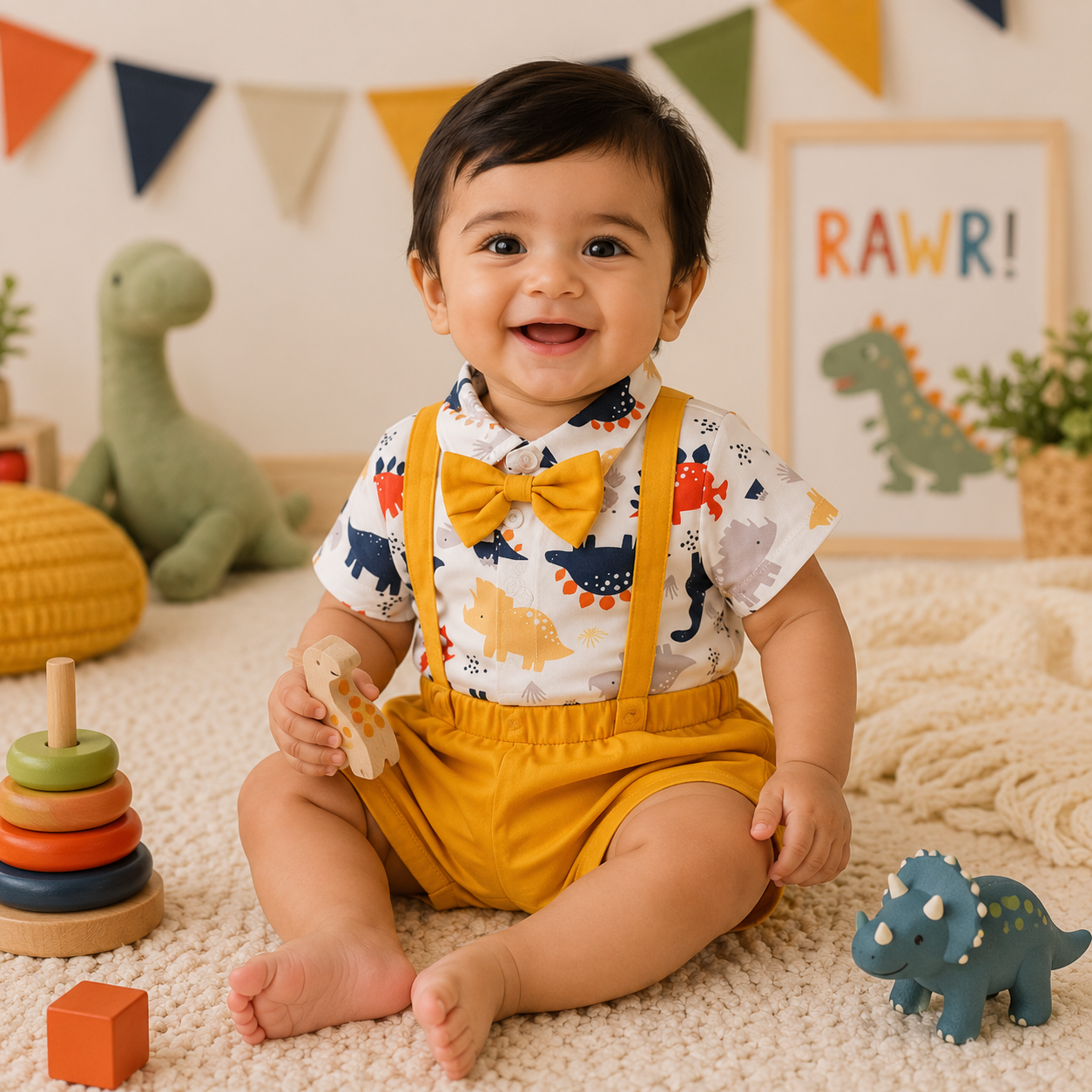 Dino Adventure Baby Boy Dinosaur Strap Shorts Set | Minilova