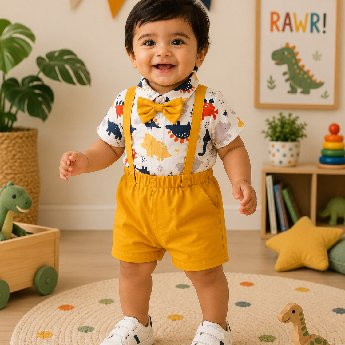 Dino Adventure Baby Boy Dinosaur Strap Shorts Set | Minilova