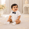 Elegant Baby Boy/Toddler White Shirt Romper with Navy Bow Tie | Minilova