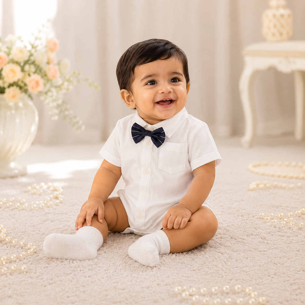 Elegant Baby Boy/Toddler White Shirt Romper with Navy Bow Tie | Minilova