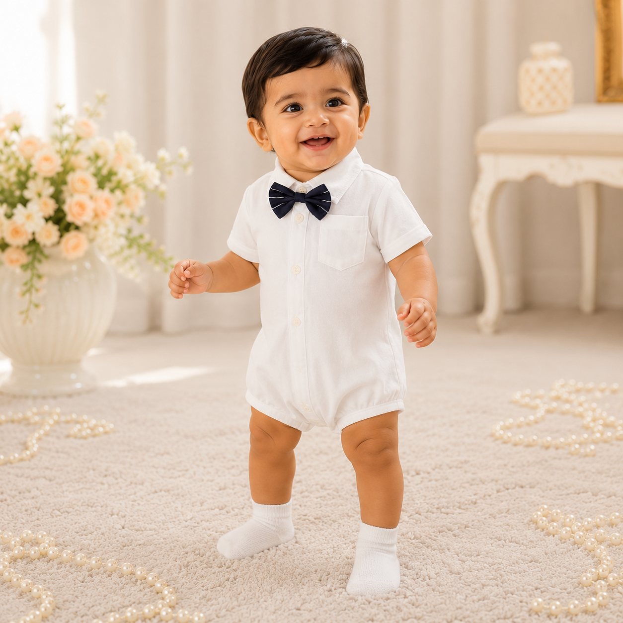 Elegant Baby Boy/Toddler White Shirt Romper with Navy Bow Tie | Minilova
