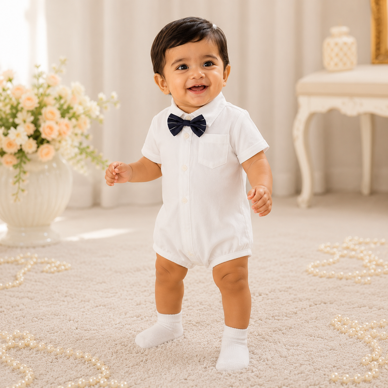 Elegant Baby Boy/Toddler White Shirt Romper with Navy Bow Tie | Minilova